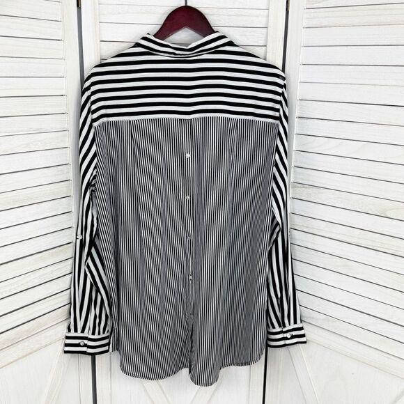 Jane + Delancey Multi Stripe Rayon Button Down Tunic Shirt Black White XL - Picture 9 of 13